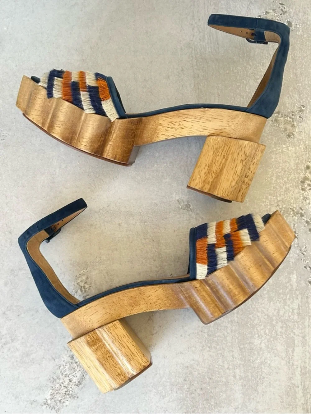 Tory Burch Alma Platform Wooden Block Heel Sandals, Blue Suede 10.5 Like New!